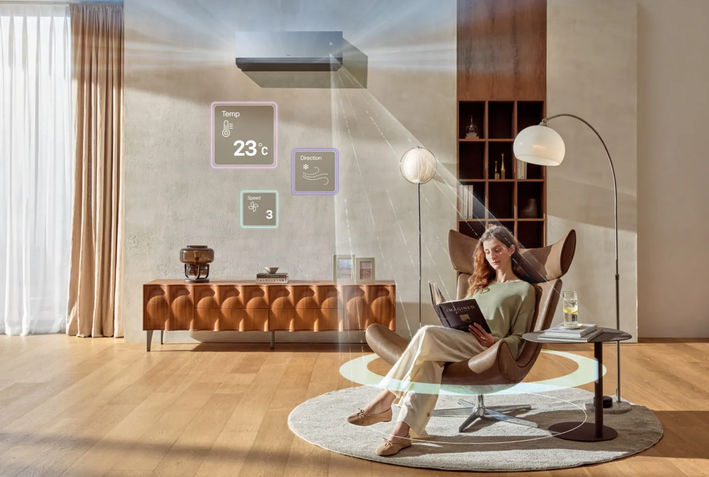 Moderne airconditioning in een woonkamer